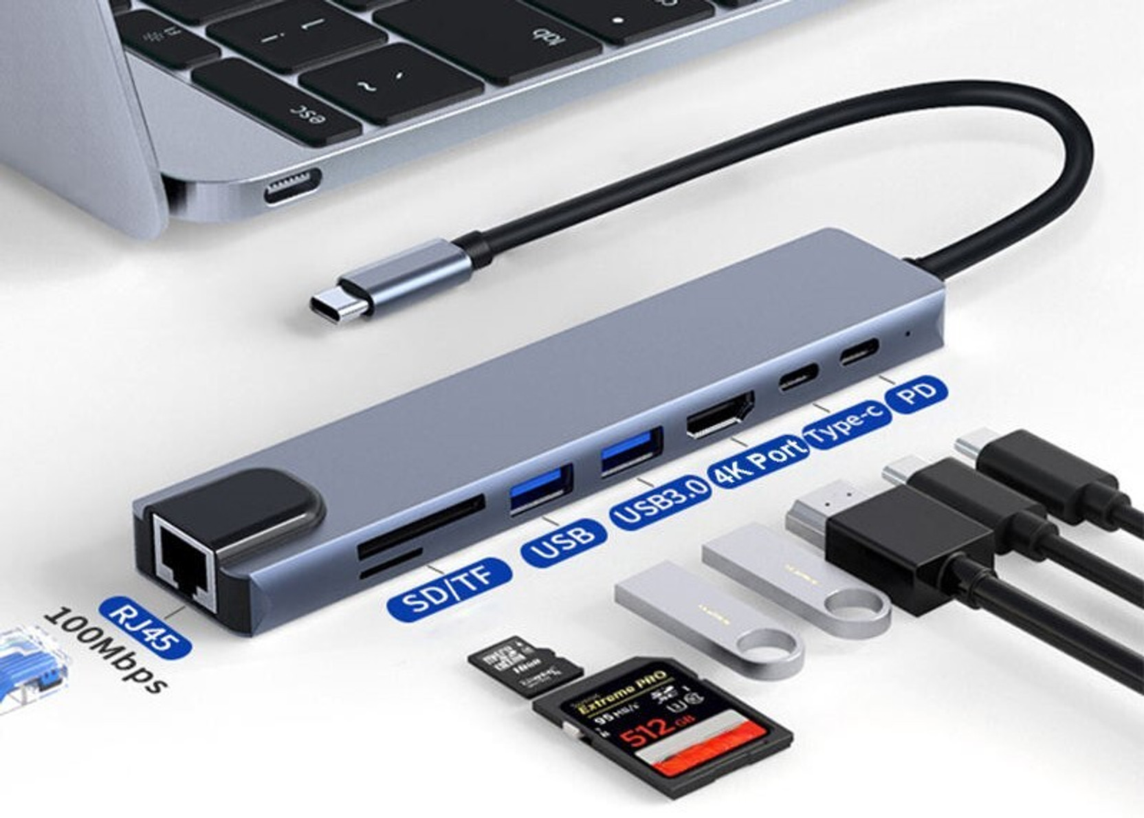 Foxne Point 8-in-1 USB-C Hub 4K HDMI, 100Mbps Ethernet, USB 3.0, USB-C PD SD/TF Card Reader Multiport USB C Hub 8-in-1 with HDMI, RJ45, SD, TF, USB 3.0 & USB 2.0 HDMI Connector, Laptop Accessory, USB 