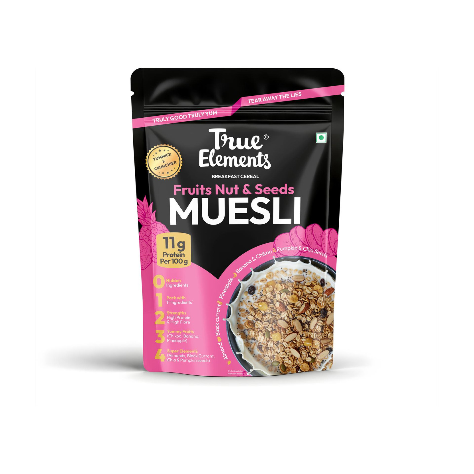 True Elements Fruit and Nut Muesli, Zero Added Sugar, Ready to Eat Breakfast, High Protein Pouch