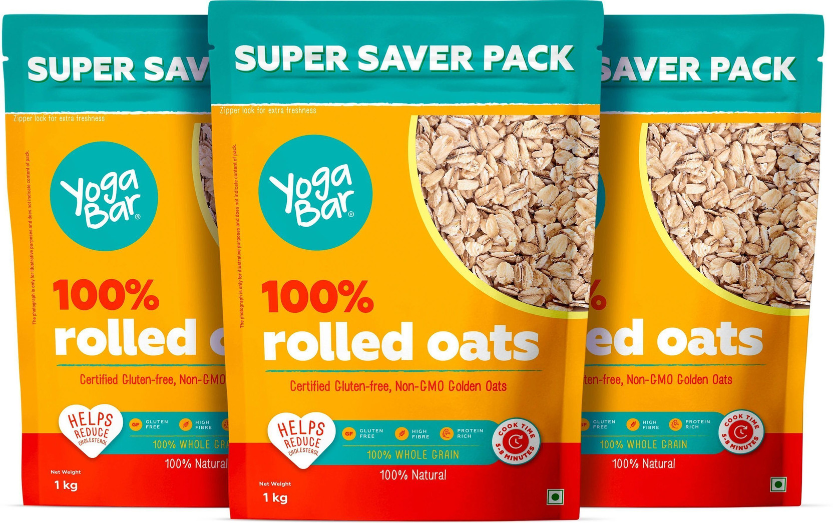 Yogabar by Yogabar 100% Rolled Oats 3kg Premium Golden Oats|Gluten Free No Added Sugar|1kg x 3 Pouch
