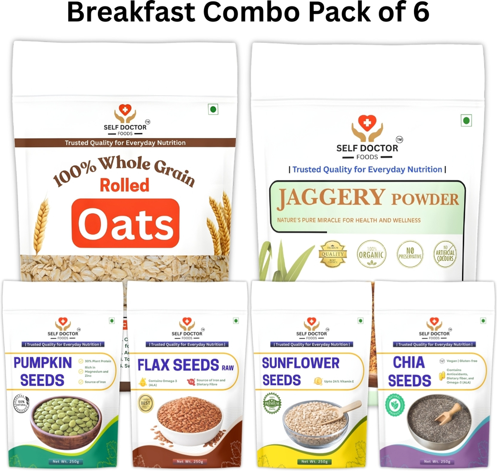 SELF DOCTOR FOODS Healthy Breakfast Combo | Oats, Seeds & Jaggery | Source of Nutrition Combo