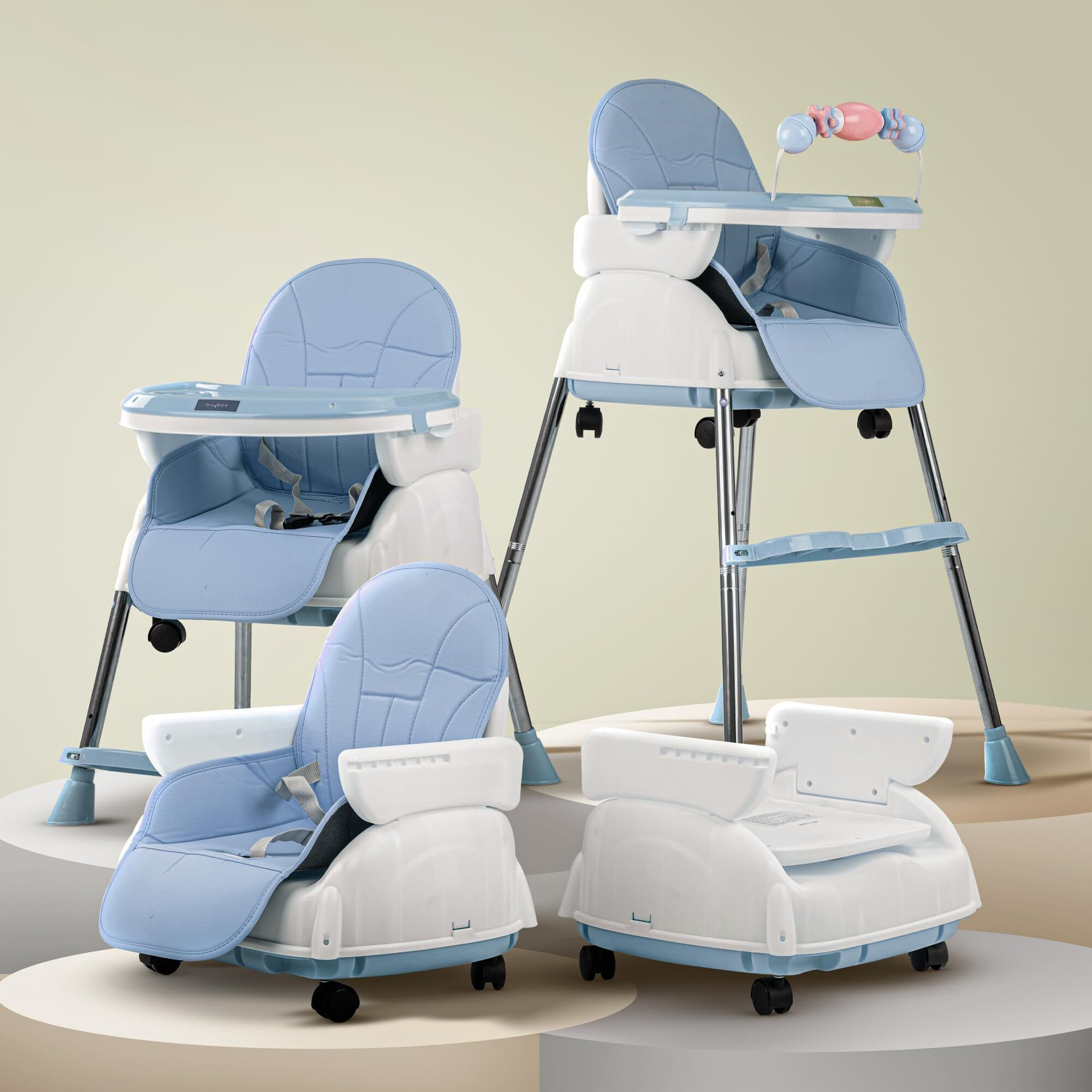 baybee 4 in 1 Nora Convertible High Chair for Kids with Adjustable Height and Footrest, Baby Toddler Feeding Booster Seat with Tray, Wheels, Safety Belt and Cushion, Boys & Girls 6 Months to 3 Years (