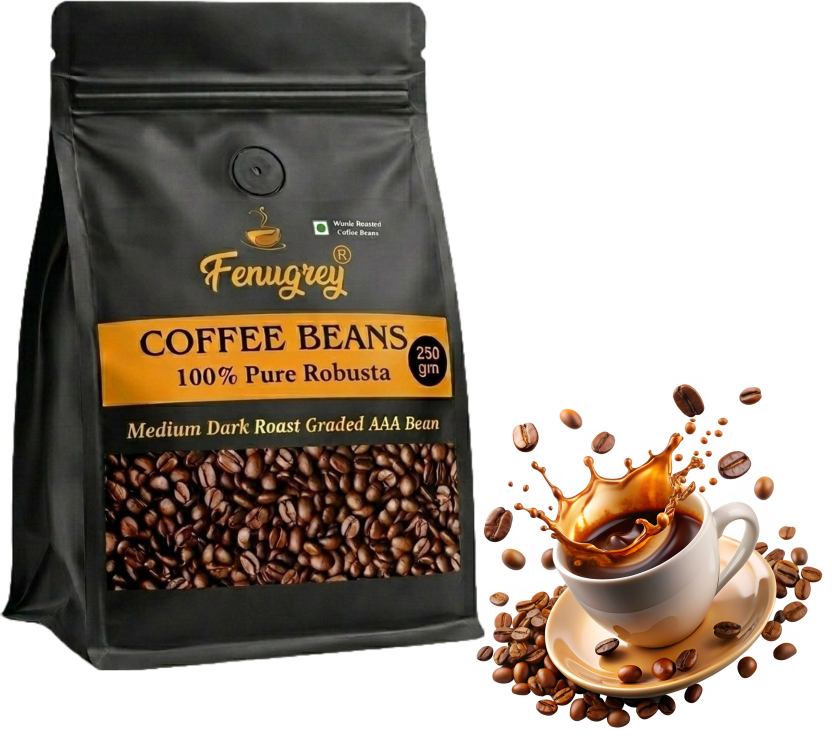 Fenugrey 100% Robusta Beans 250 gm AAA graded fresh roasted coffee beans(250gm) Coffee Beans