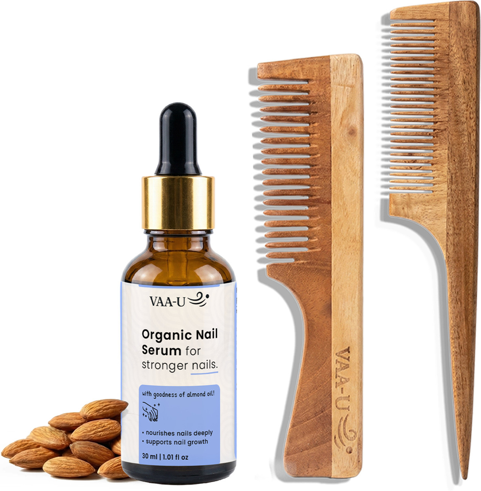 VAA-U Nail Repair Serum with Almond Oil (30ml), Neem Wood Handle Comb & Tail Comb | Skin Care & Nail Growth