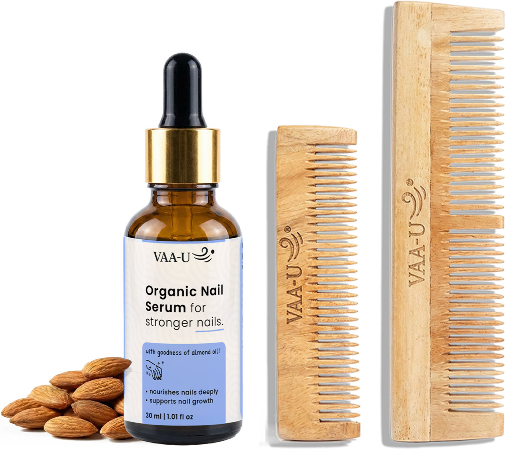 VAA-U Nail Repair Serum with Almond Oil (30ml), Neem Wood Pocket Comb & Long Comb | Skin Care & Nail Growth