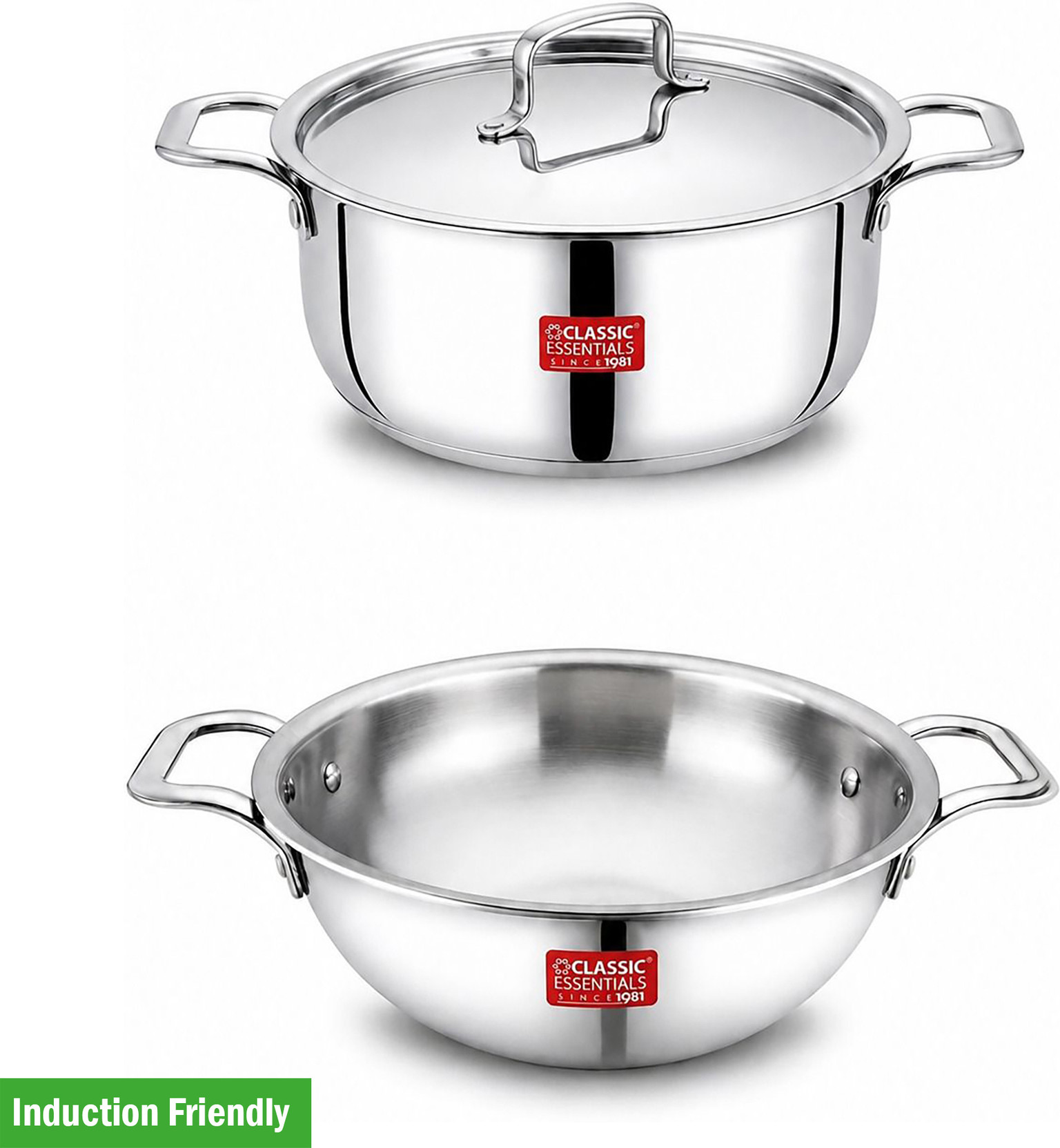 Classic Essentials Triply Cookware Combo | 22cm Kadhai (2 L) + 2000 ml Casserole with Lid & Handle Induction Bottom Non-Stick Coated Cookware Set