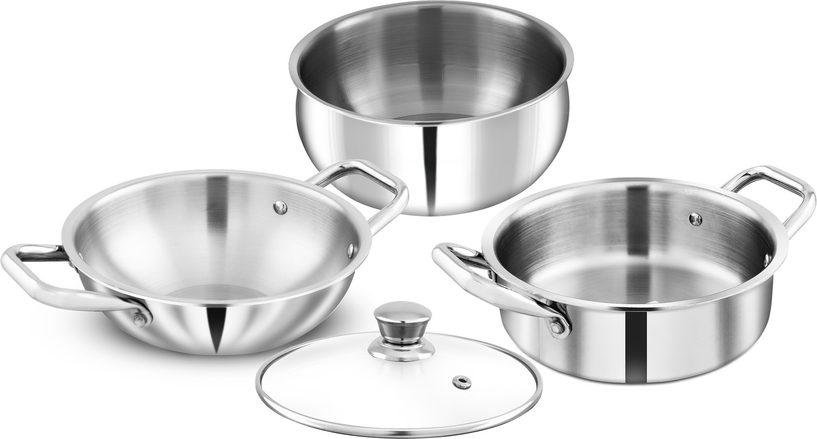 Greenchef Trion Triply combo Kadai 20cm Saute pan 20cm Ricepot 20cm glasslid Induction Bottom Cookware Set