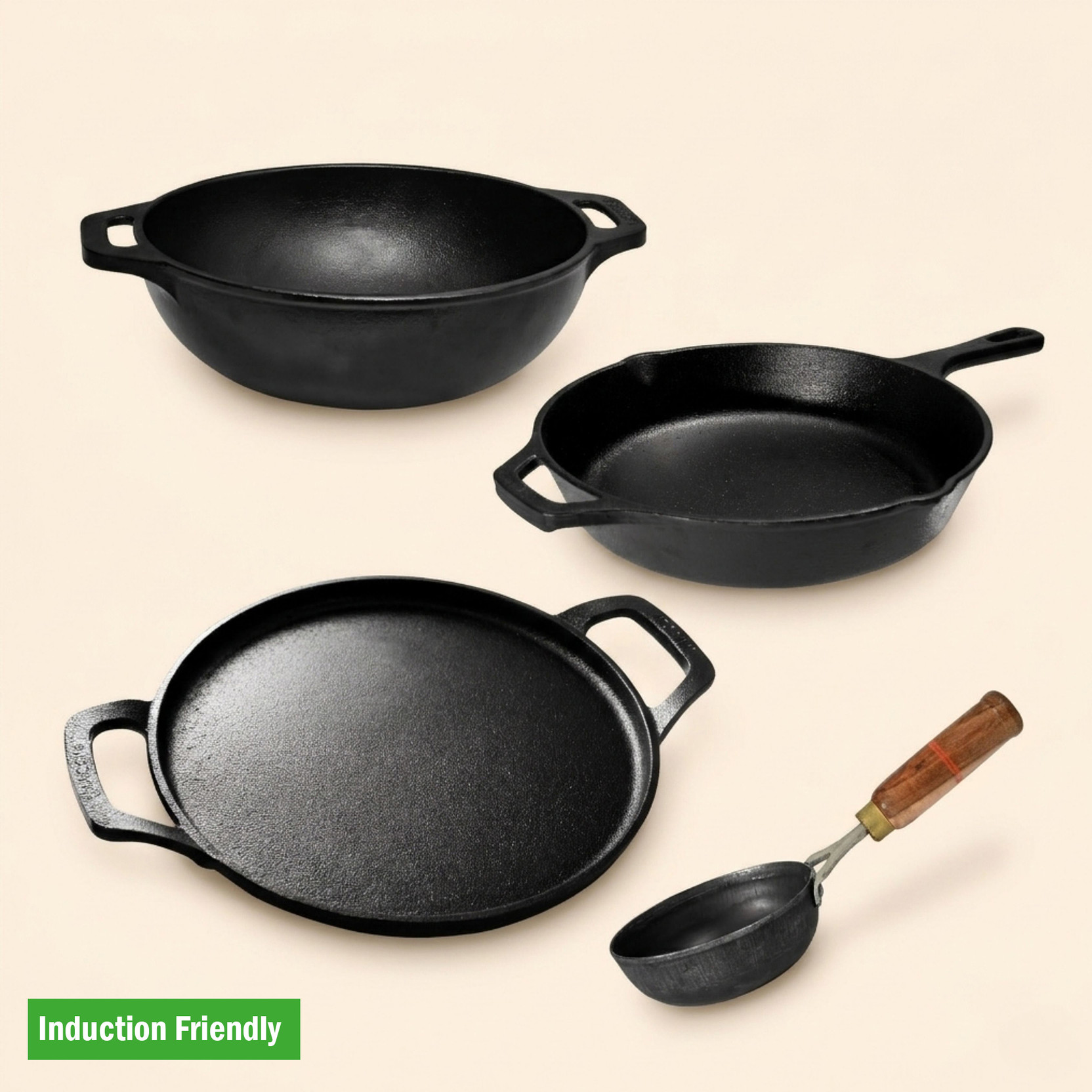 kyyte OxyStone Pre-Seasoned Cast Iron Kadhai 26cm, Tawa 28cm, Fry Pan 26cm & Tadka Pan Induction Bottom Non-Stick Coated Cookware Set