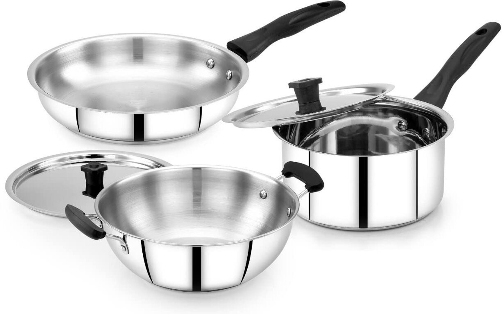 Praylady Cookware Set 5 Pcs | 16cm Sauce Pan with Lid | Kadai with Lid | Induction Bottom Cookware Set