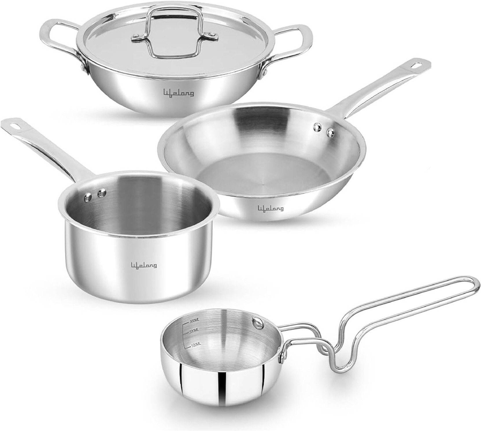 Lifelong Lifelong Triply Kadhai 2L, Fry Pan 1.25L, Saucepan 1.1L &Tadka Pan 0.2L with Lid Induction Bottom Cookware Set