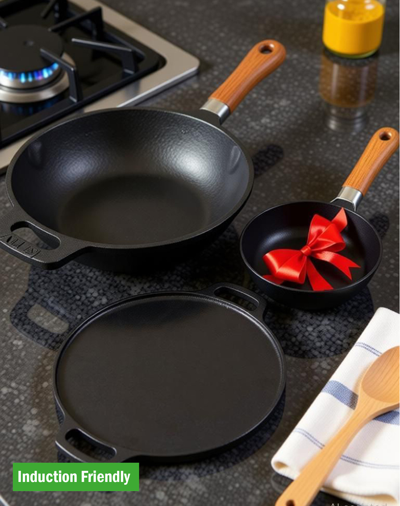 The Indus Valley Pre-Seasoned Cast Iron Cookware Set + Free Tadka Pan | Set of Tawa + Kadai Induction Bottom Cookware Set