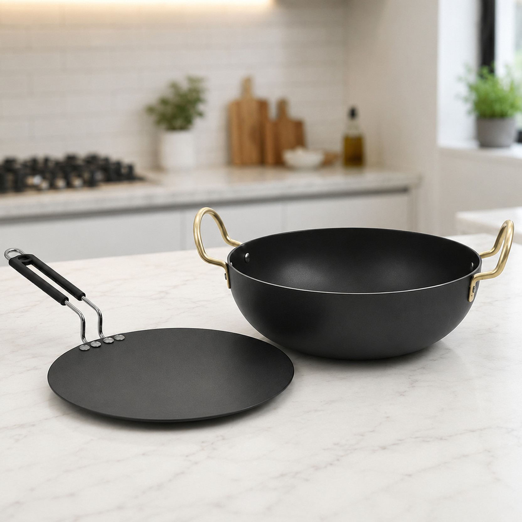 SAATWICK Saatwick Elite Black & Gold Induction-Ready Kadhai and Tawa Cookware Set Induction Bottom Non-Stick Coated Cookware Set