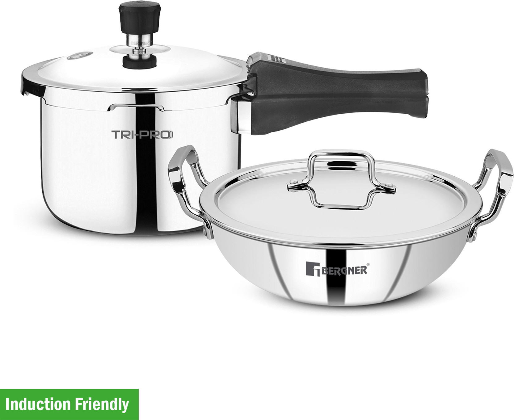 BERGNER Tripro 3 Pcs Triply Set of 3L Outer Lid Pressure Cooker, 24cm/3L Kadai with Lid, Induction Bottom Cookware Set