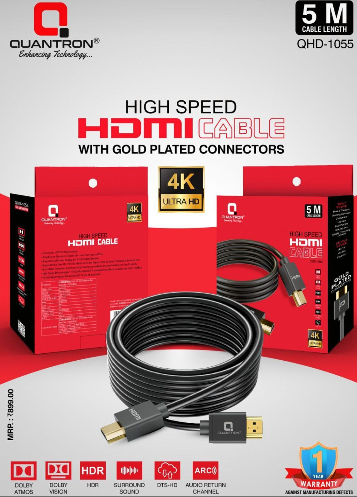 Quantron HDMI Cable 5 m QHD-1055, HIGH SPEED 5 MTR HDMI CABLE WITH GOLD PLATED CONNECTORS 4K ULTRA HD CABLE.