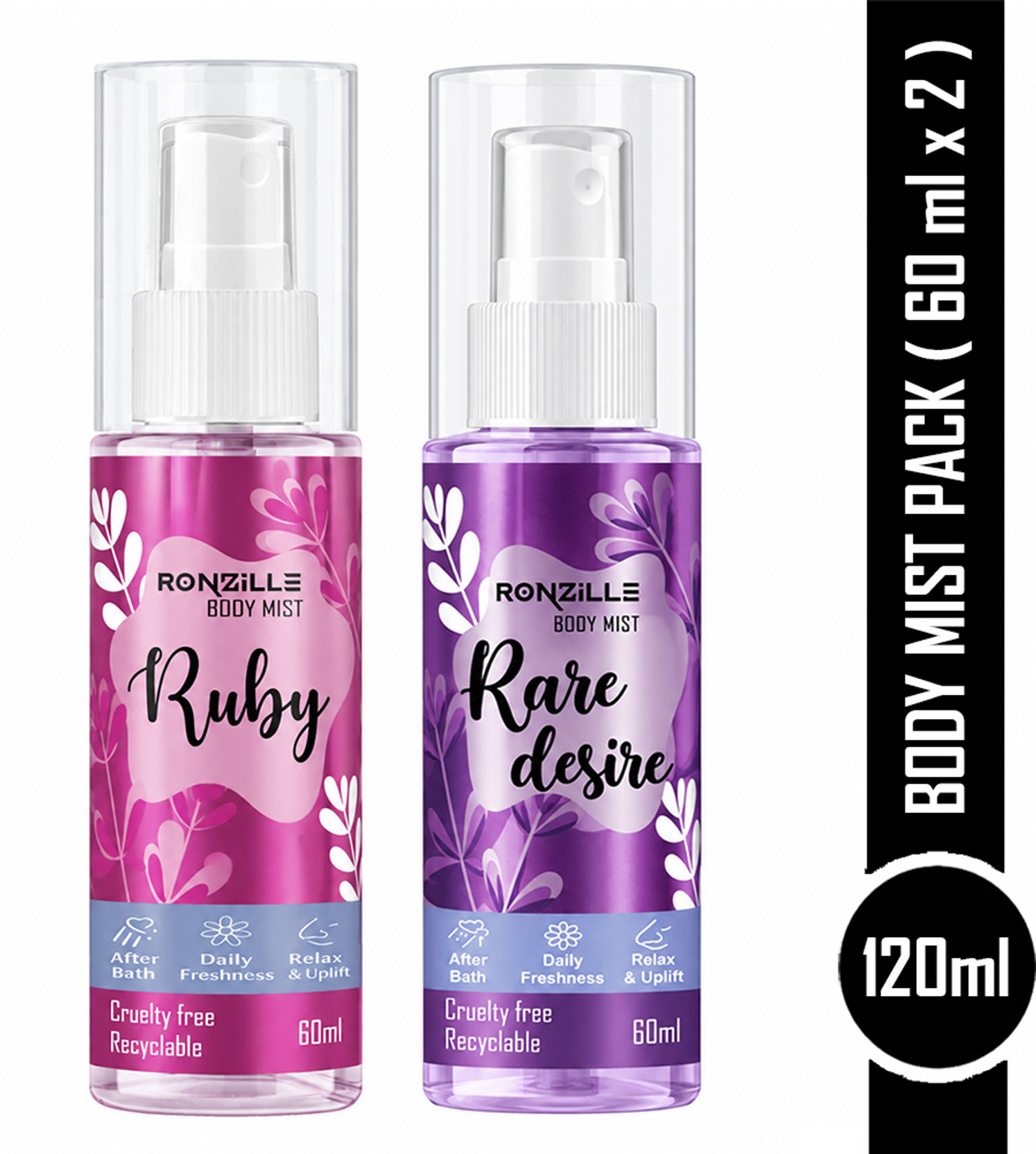 RONZILLE Body Mist for Women, Ruby & Rare Desire, Long Lasting Fragrance Pk-2(60ml Each) Body Mist  -  For Women