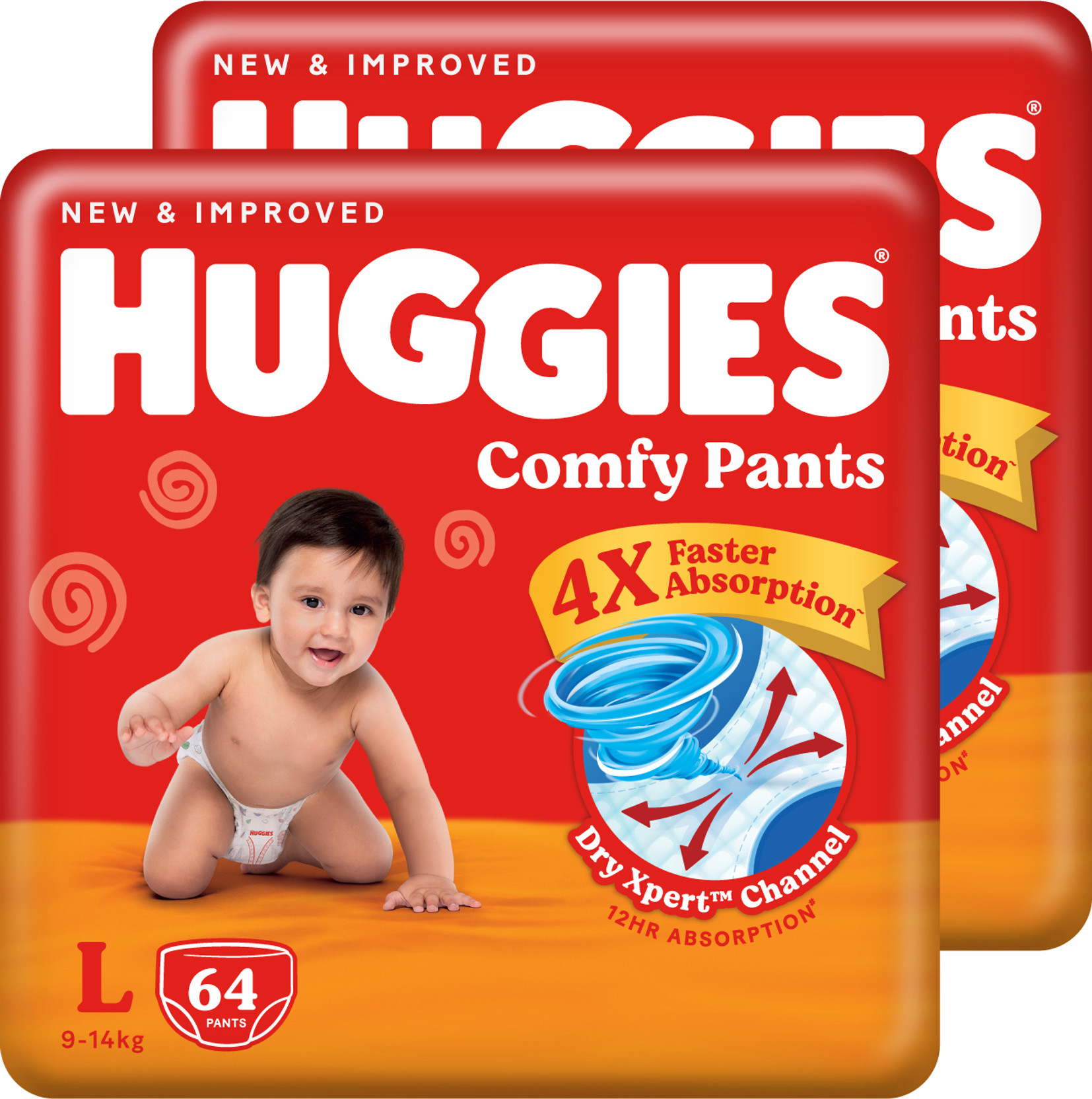 Huggies Comfy Baby Diaper Pants, Upto 50% Faster Absorption (64 X 2) Pant Diapers - L