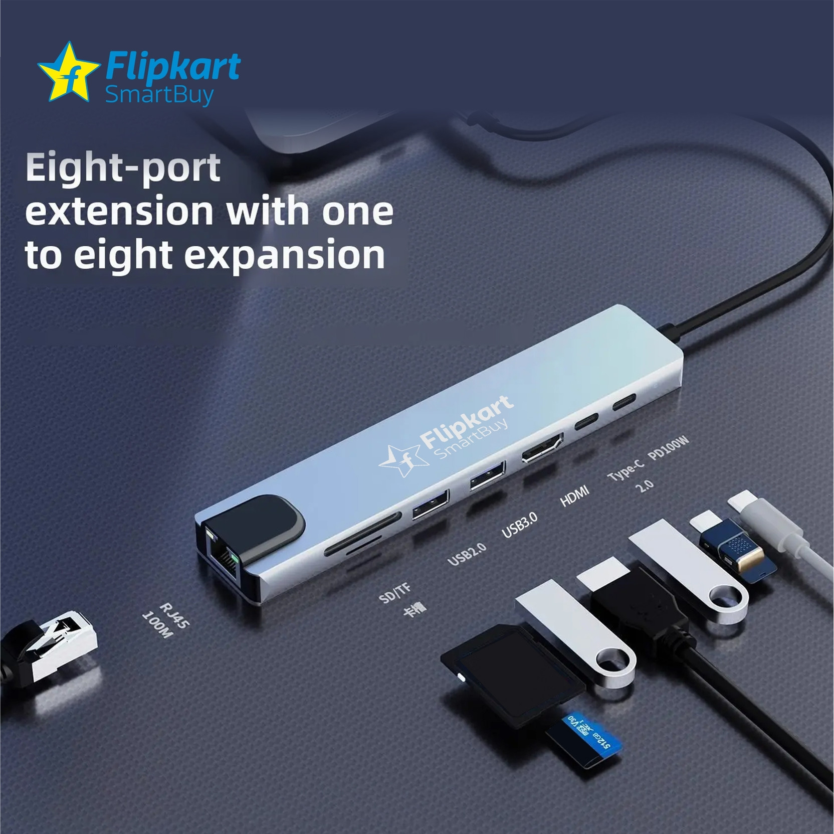Flipkart SmartBuy 8-in-1 USB & Type-C Hub Dock PD 100W 10Gbps Aluminium FKSB-8DS Docking Hub
