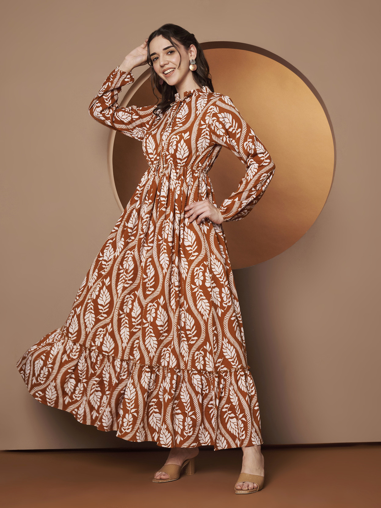 Women A-line Brown Maxi/Full Length Dress