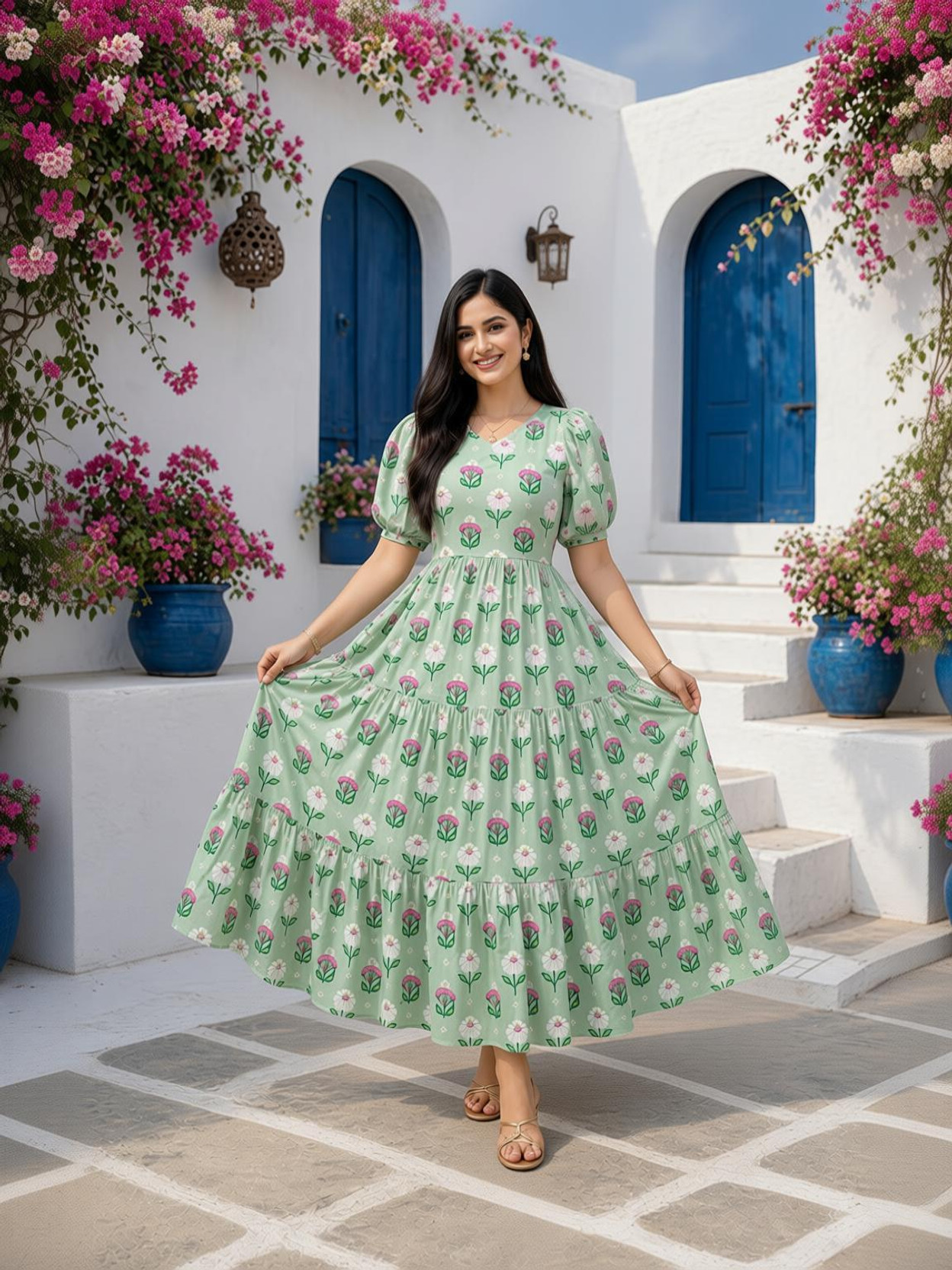Women Tiered Light Green Midi/Calf Length Dress