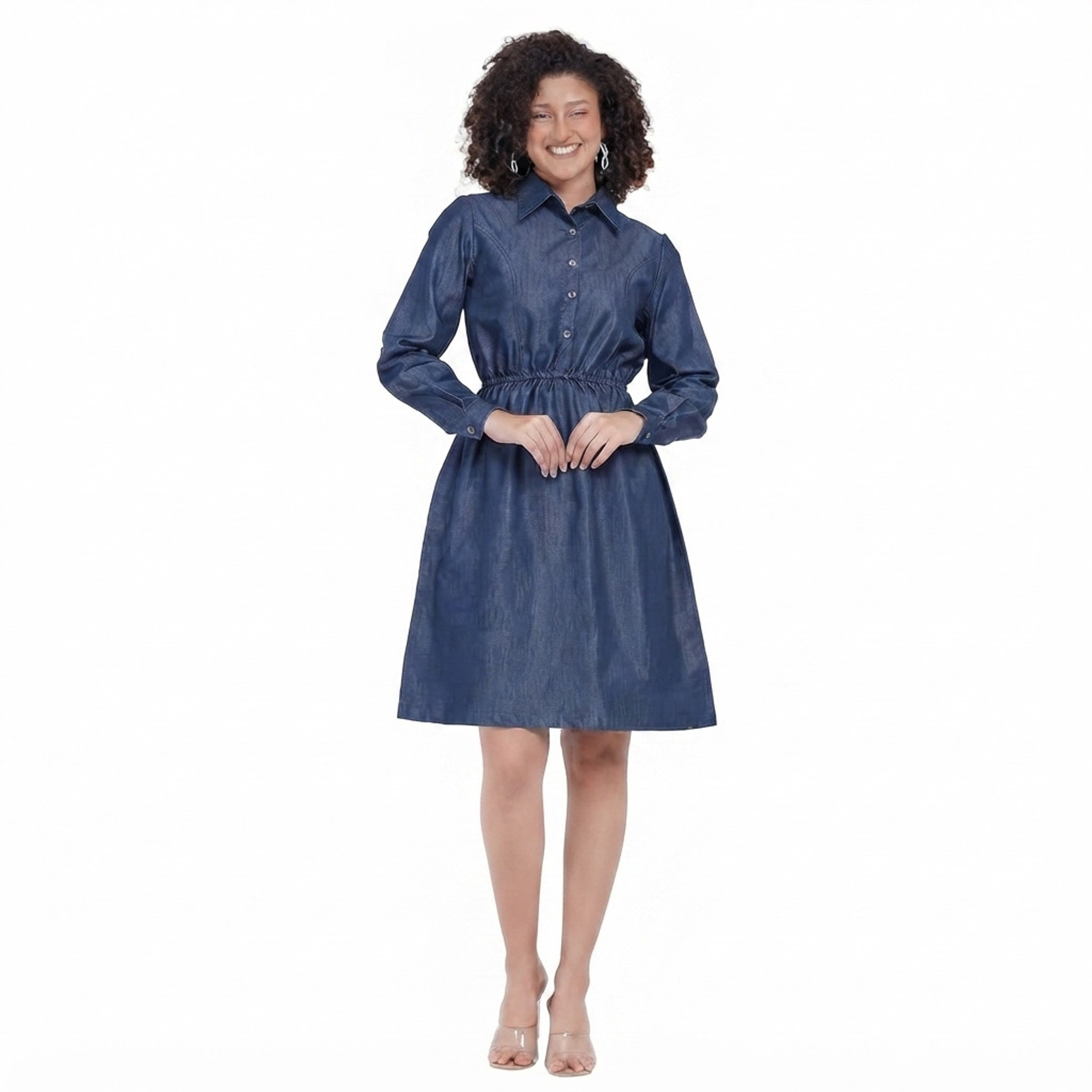 Women Shirt Dark Blue Knee Length Dress