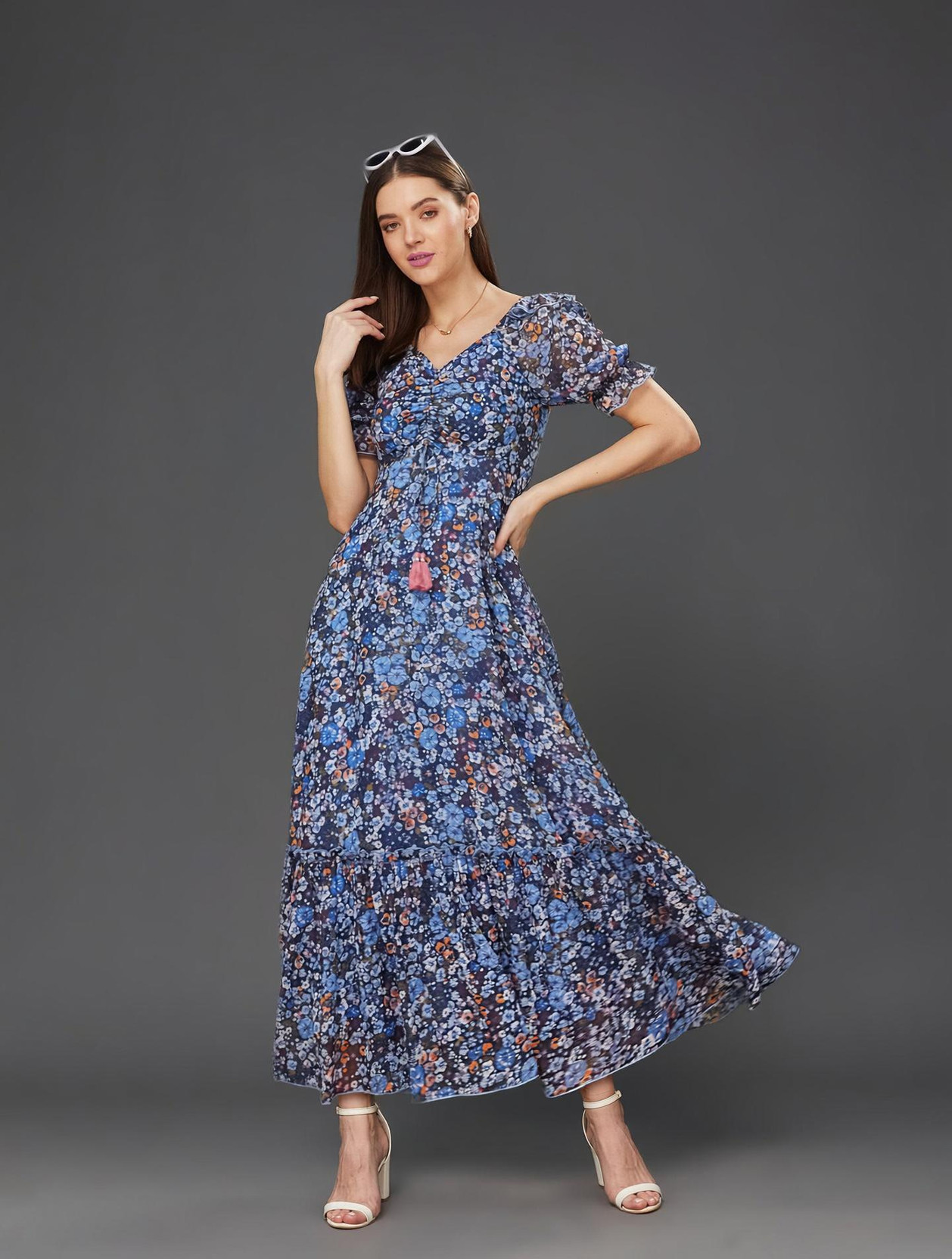 Women Tiered Dark Blue Maxi/Full Length Dress