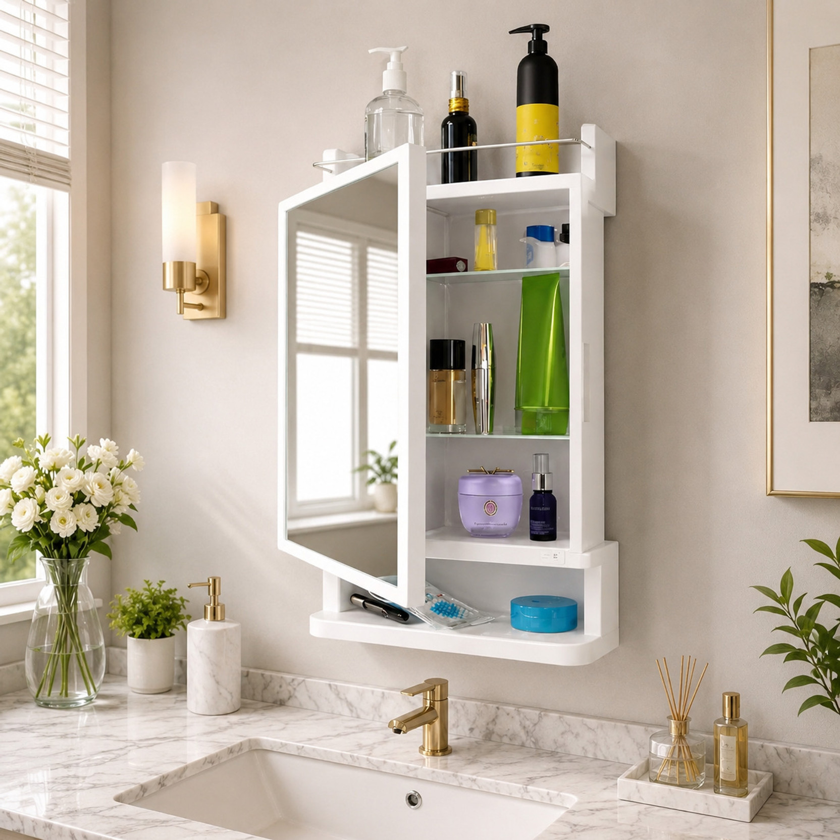 Flipkart SmartBuy Wall Mounted Storage Cabinet with Mirror, Prime Look (White) Plastic Wall Shelf