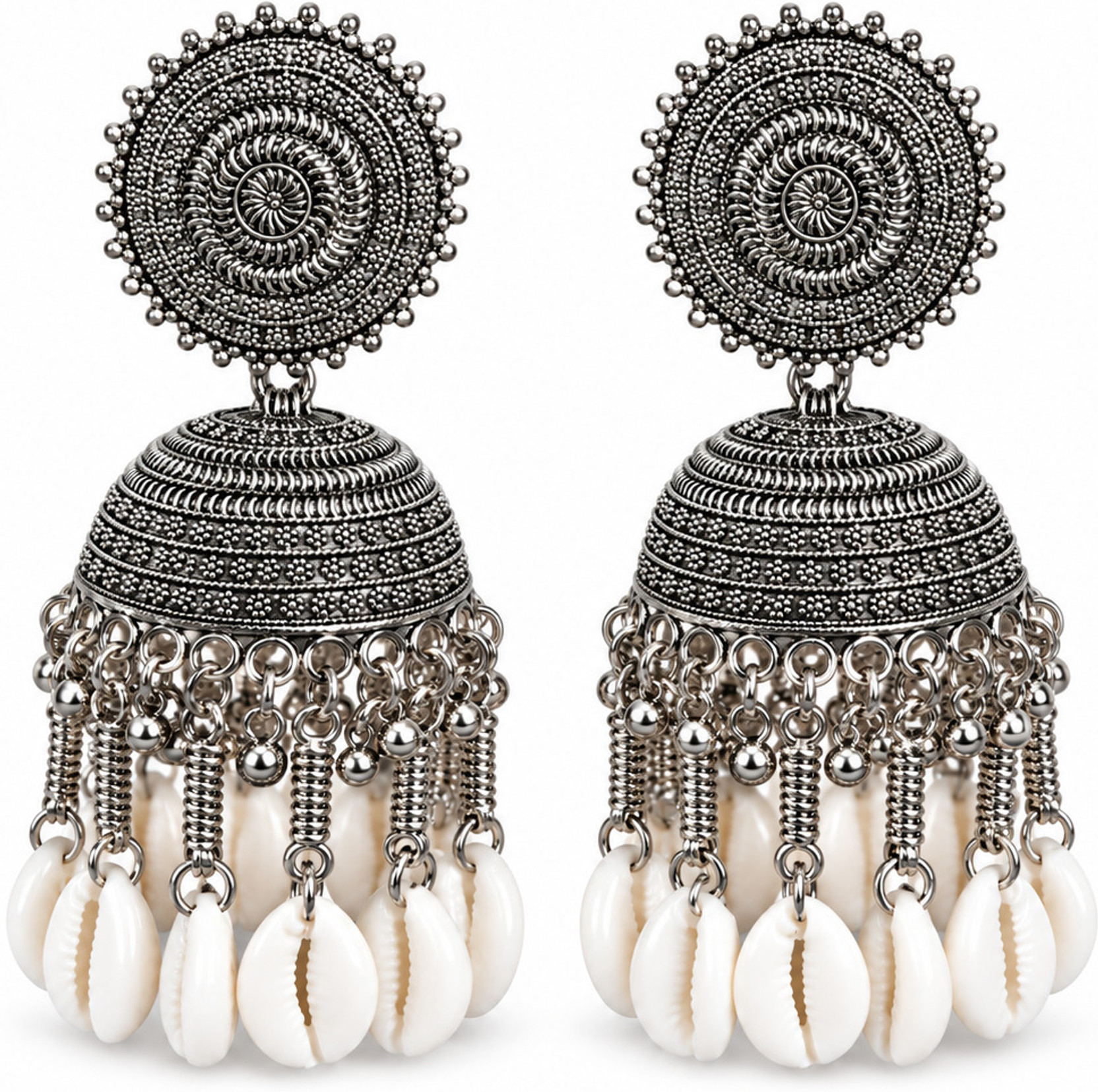 Oxidized Silver Cowrie Jhumka Onyx Alloy Jhumki Earring, Drops & Danglers, Stud Earring