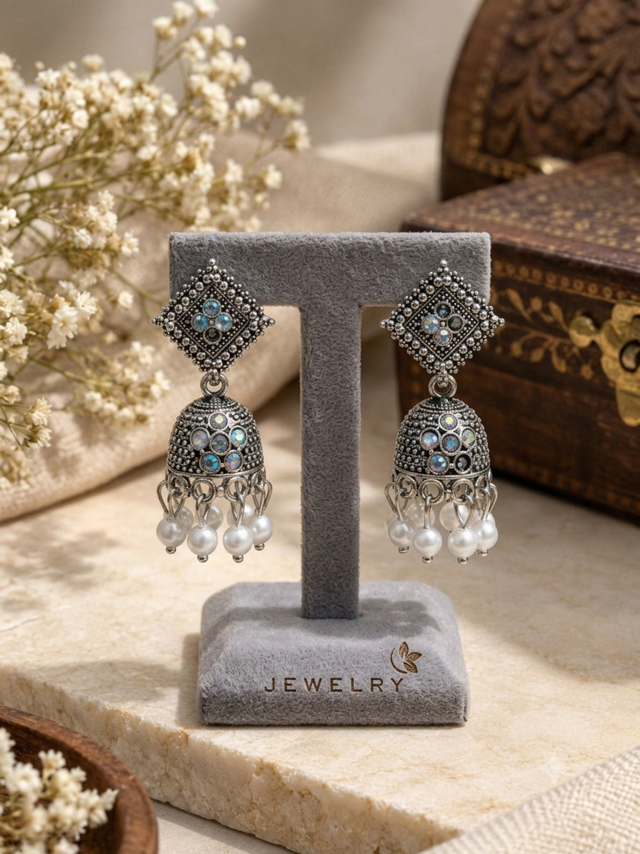 WHITE FLORAL OXIDISED JHUMKA ALLOY JHUMKI EARRINGS Alloy Jhumki Earring, Drops & Danglers