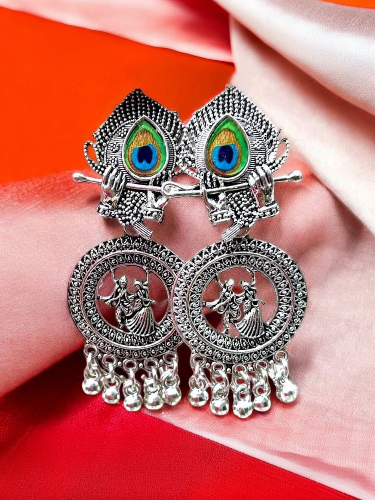 Oxidized Radha Krishna Peacock Feather Jhumki Earrings for Girls Alloy Jhumki Earring