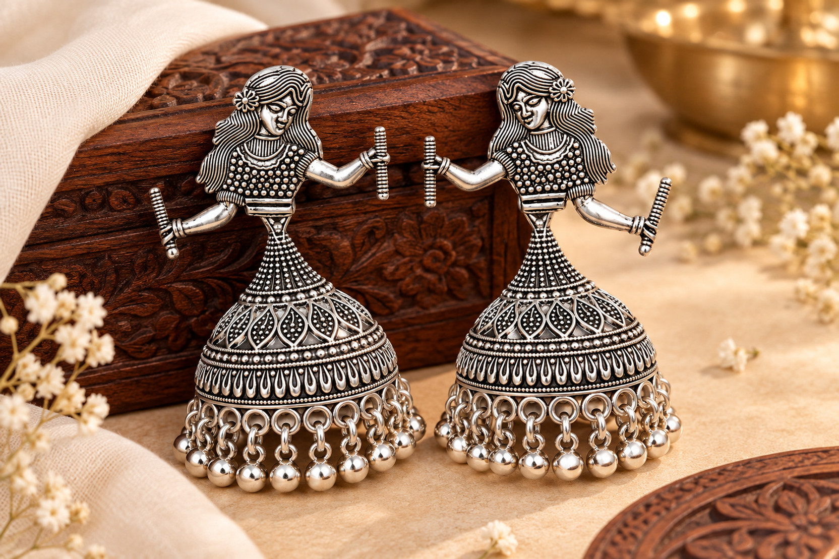 Oxidized Silver Dancing Woman Traditional Jhumka Earrings for Women Alloy Drops & Danglers
