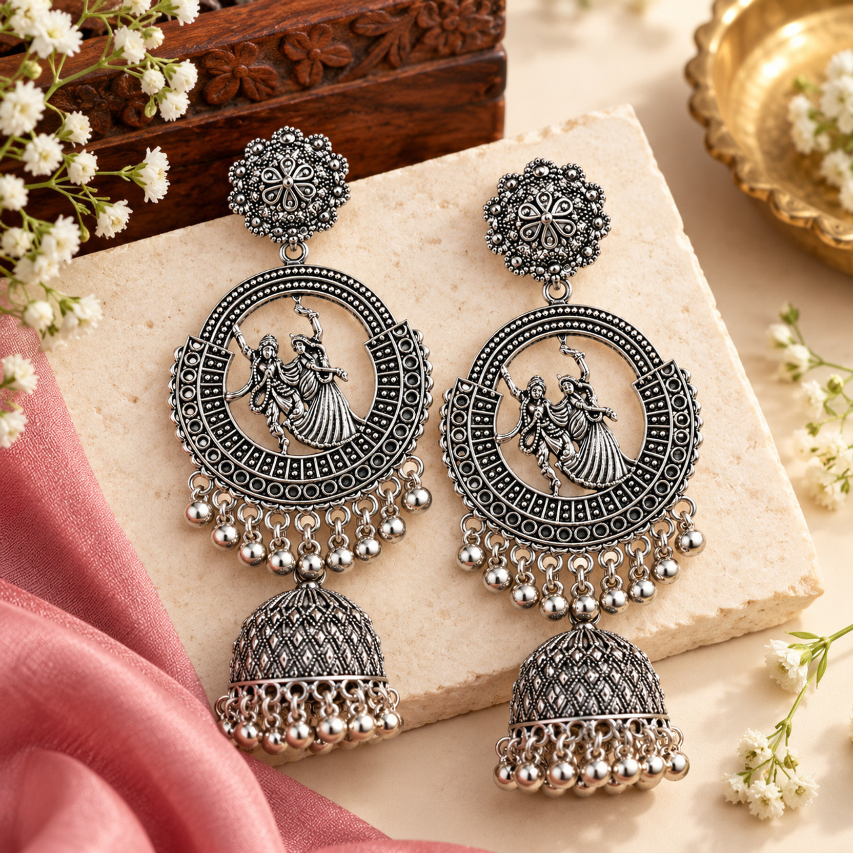 ZIVRA Oxidized Silver Radha Krishna Jhumka Earrings for Women Ethnic Alloy Jhumki Earring, Drops & Danglers