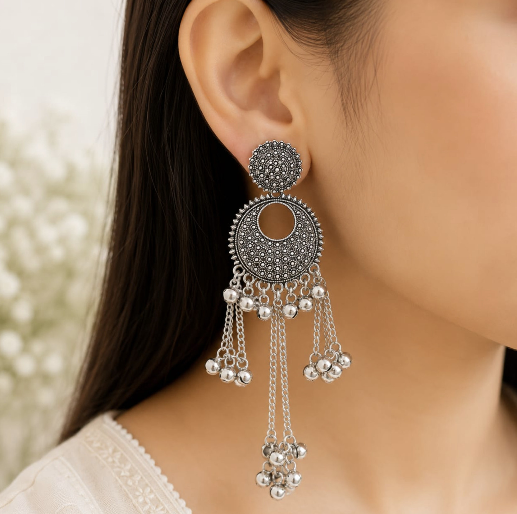 Oxidized Silver Long Chain Earrings for Women | Traditional | Navratri Emerald,  Alloy Drops & Danglers