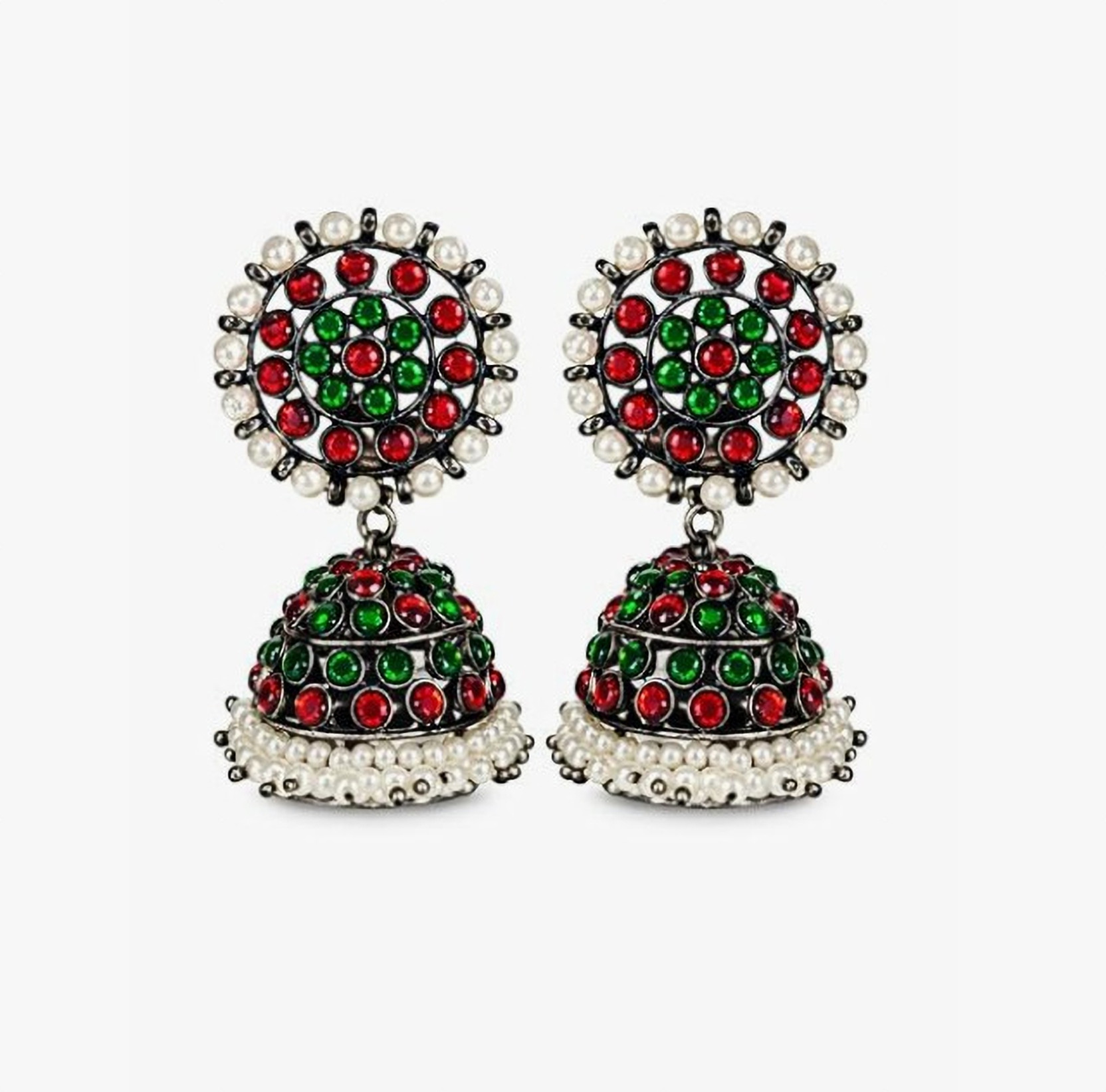 Traditional Oxidized Buttalu Earrings | Red Green Stone & Pearl Jhumka Brass Jhumki Earring