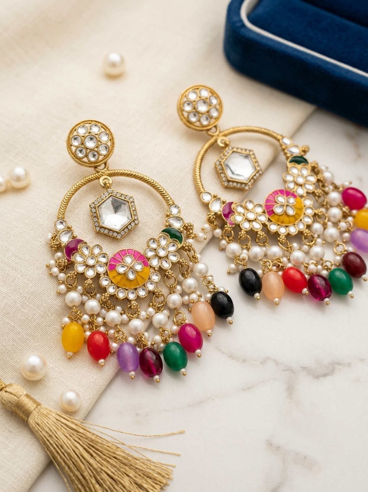 Traditional Kundan & Multicolor Bead Chandbali Earrings for Women & Girls Pearl Alloy Drops & Danglers, Hoop Earring
