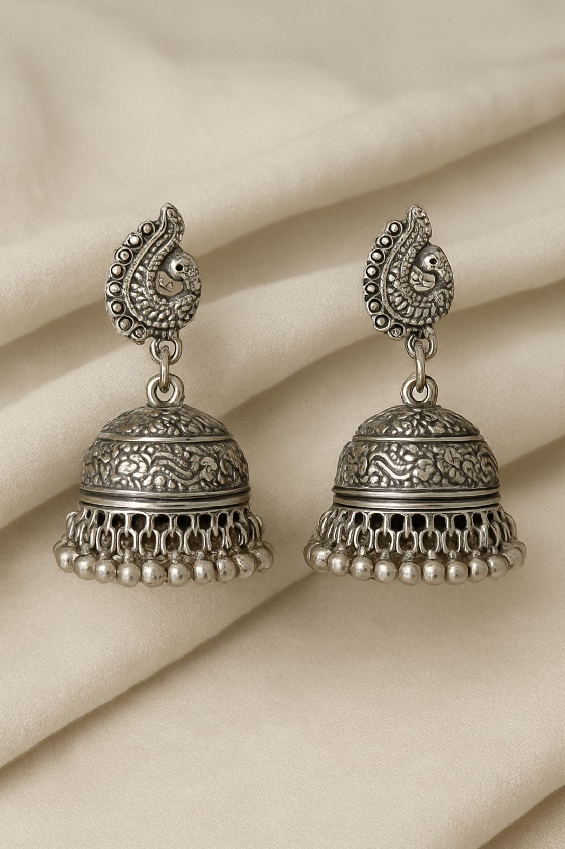 Oxidized Silver Jhumka Earrings, Traditional Floral Peacock Design Alloy Jhumki Earring, Drops & Danglers