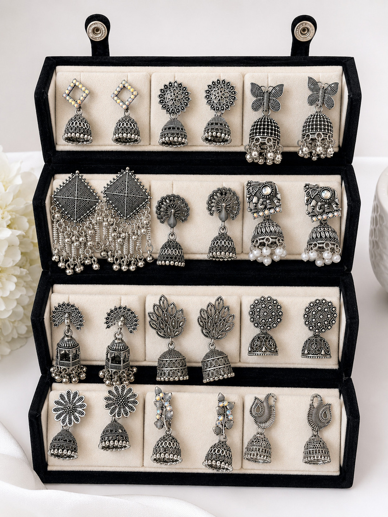 Oxidized Designer Set of 12 with Folding Jewelry Box Alloy Drops & Danglers, Jhumki Earring, Stud Earring, Chandbali Earring, Cuff Earring