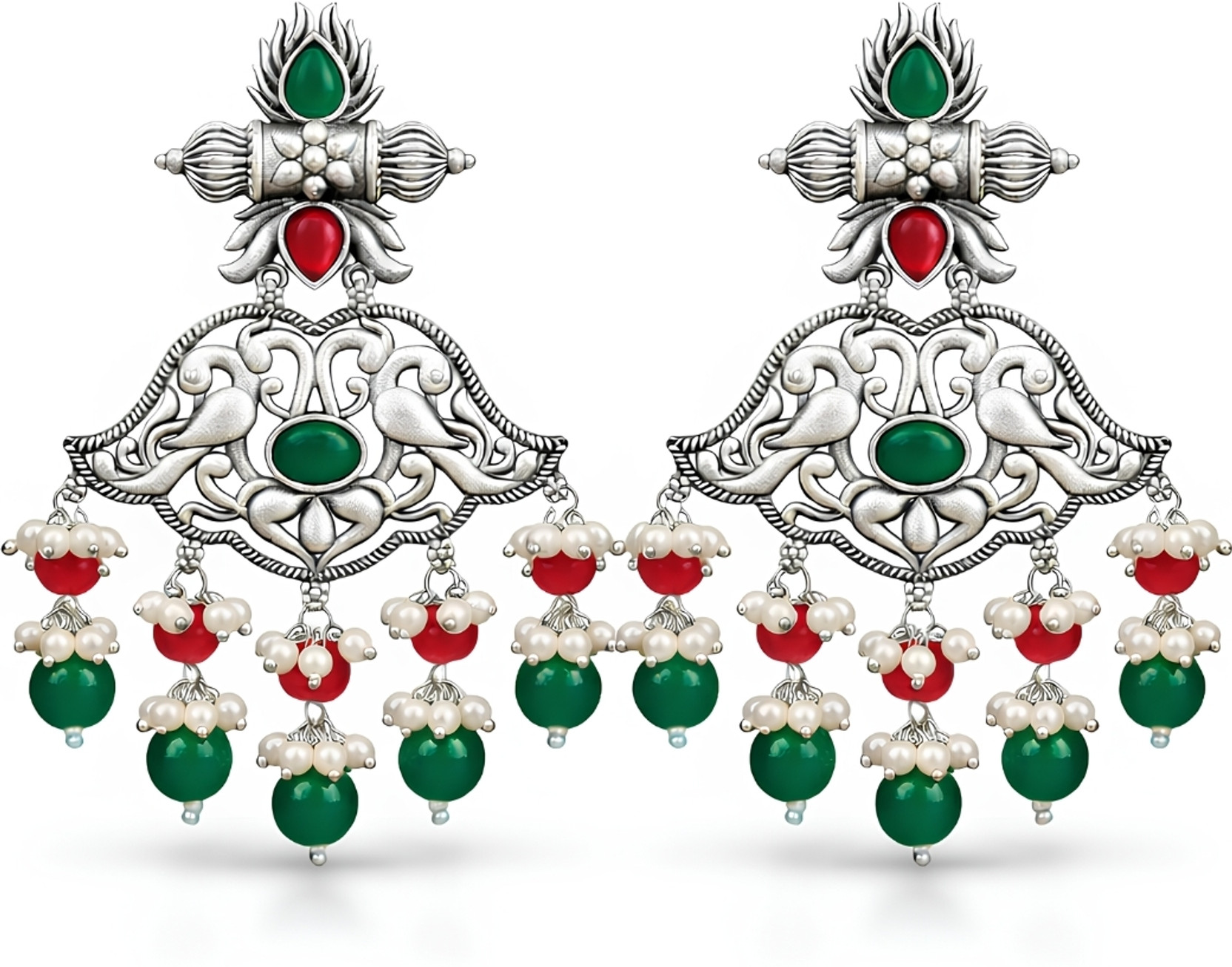 Silver Plated Brass Traditional Chandelier Earrings with Ruby and Green Stone Brass Drops & Danglers