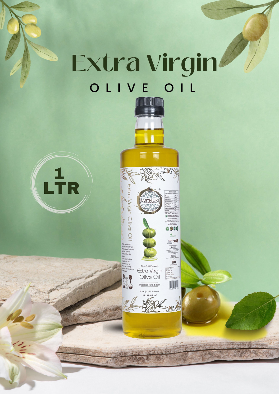 Earth Like Extra Virgin Olive Oil 1 Liter | Cold Pressed | 100% Pure & Natural Olive Oil
