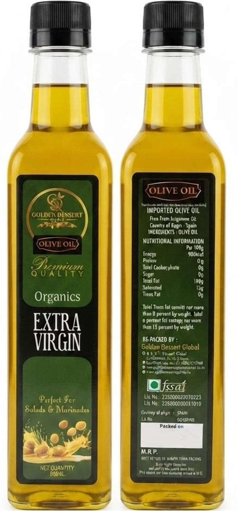 Golden Dessert Global Extra Virgin Olive Oil Cold Pressed Premium Cooking Oil 500ml ( Pack of 2) Olive Oil