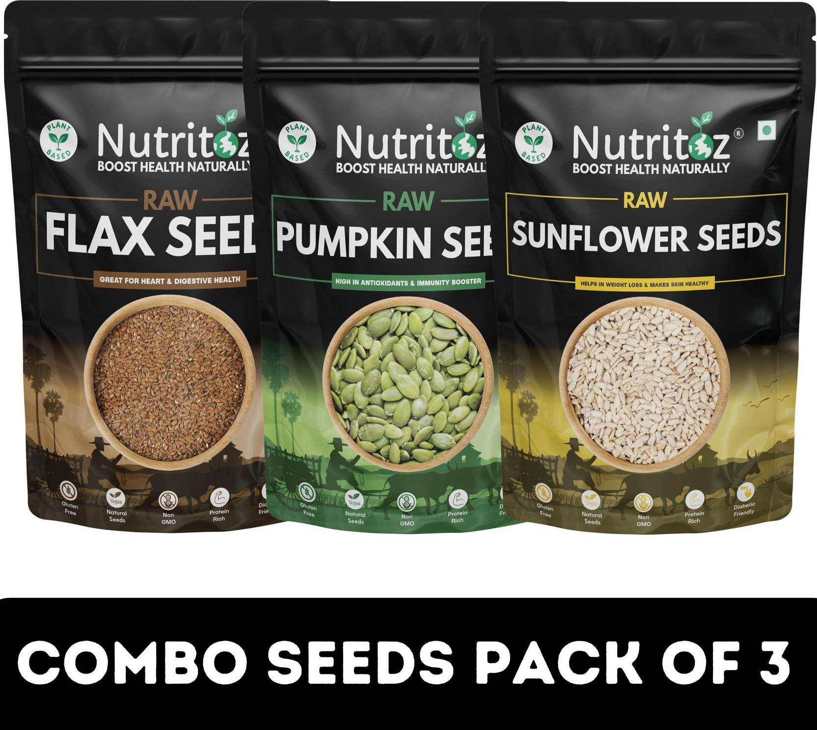 Nutritoz Pumpkin Seeds, Sunflower Seeds & Flax Seeds Combo Pack of 3 | 200GM Each Brown Flax Seeds, Pumpkin Seeds, Sunflower Seeds