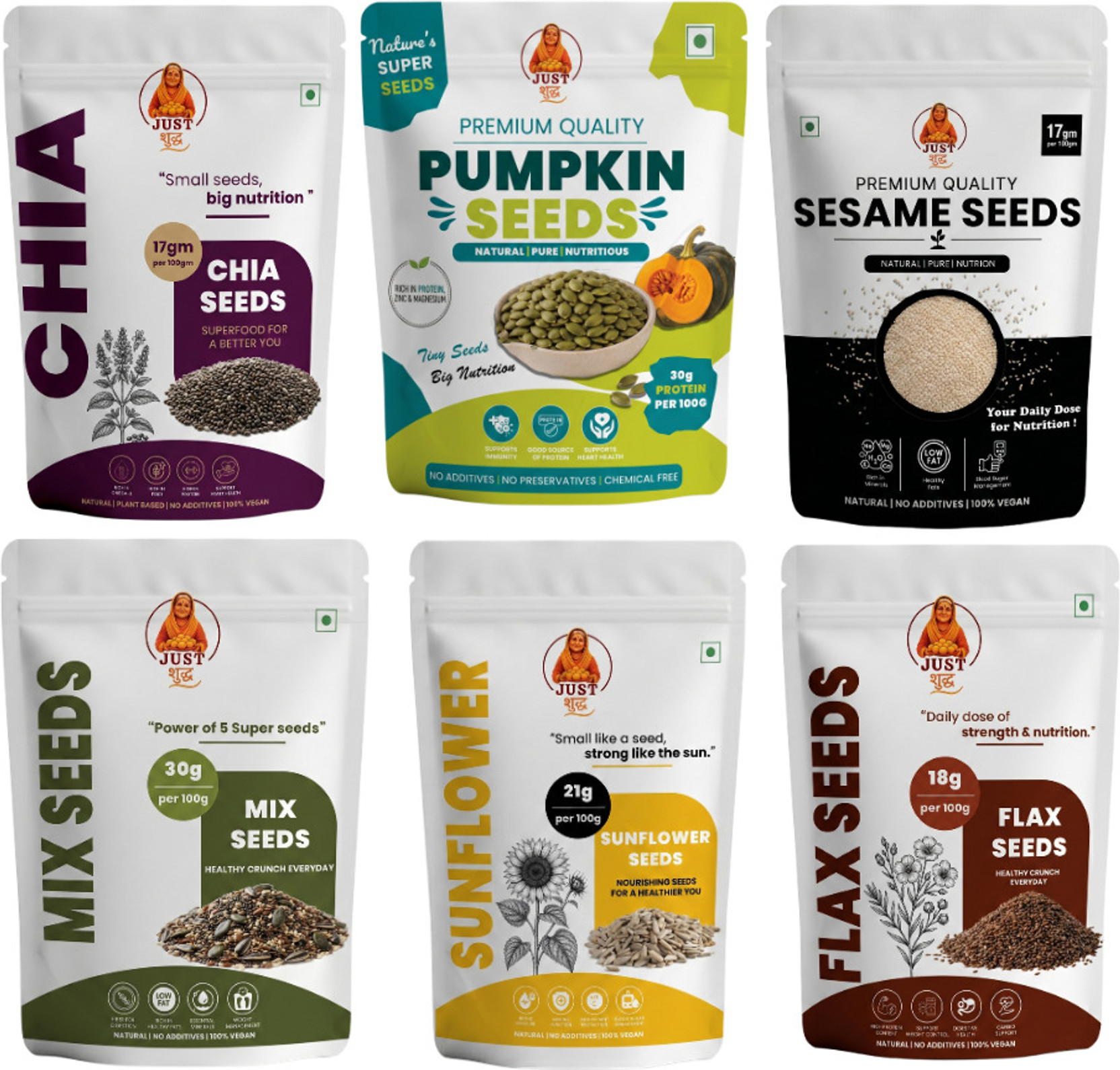 JUST SUDH 6 in 1 Mix Seeds Chia Flax Pumpkin Sunflower Sesame Watermelon 600g Mixed Seeds