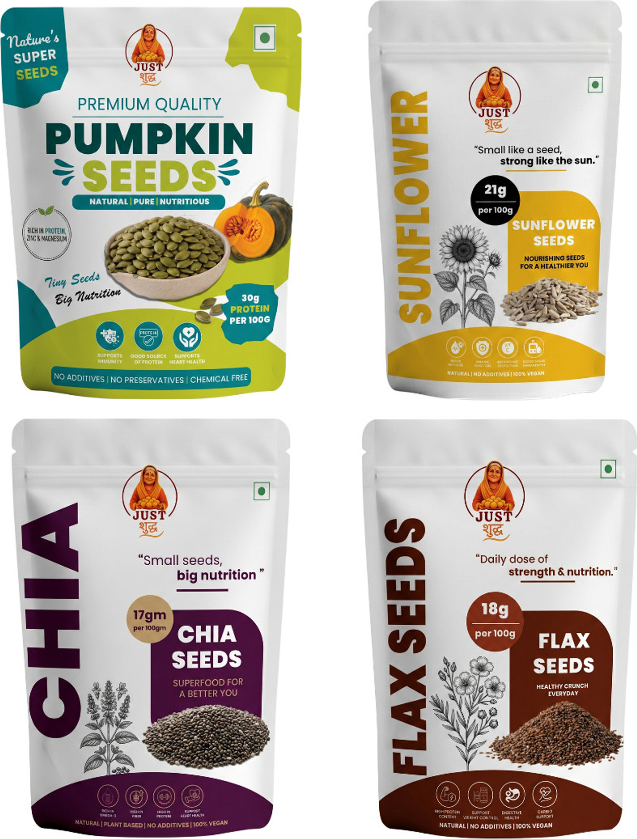 JUST SUDH 4 in 1 Seed Combo Pumpkin Sunflower Chia Flax High Protein Fiber Mix 400g Mixed Seeds