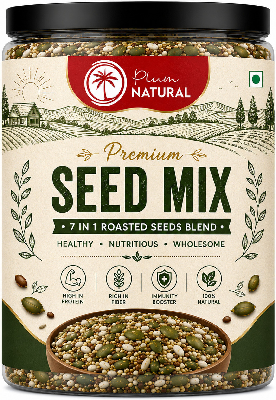 Plum Natural 7 In 1 Premiun Roasted Seeds Mix Weight Loss Immunity Booster Healthy snack Chia Seeds, Pumpkin Seeds, Sunflower Seeds, Sweet Basil Seeds, Watermelon Seeds, Sesame Seeds, Brown Flax Seeds