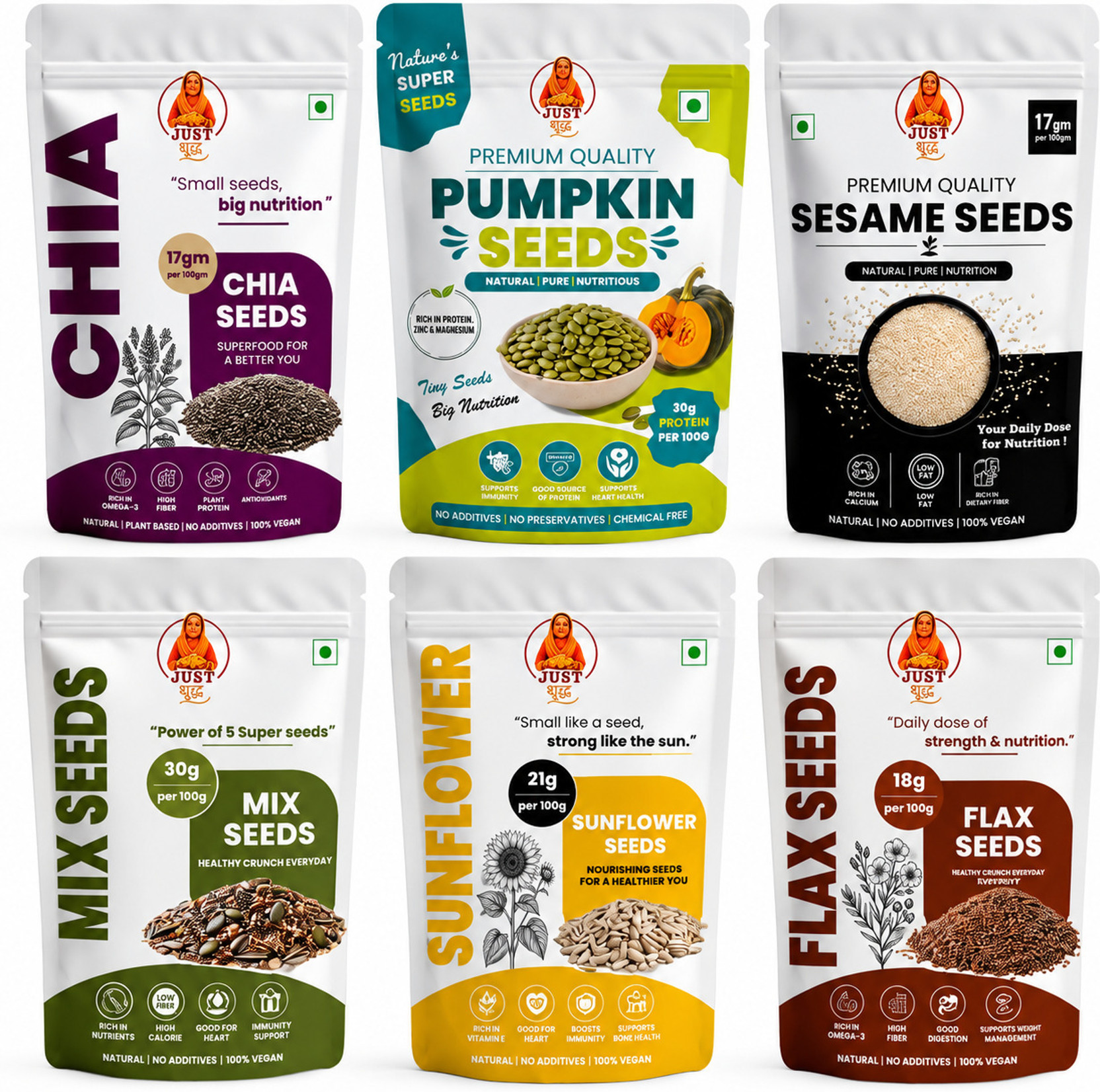 JUST SUDH JUST SUDH 6 in 1 Mix Seeds Chia Flax Pumpkin Sunflower Sesame Seeds 200g Each Chia Seeds, Golden Flax Seeds, Mixed Seeds, Pumpkin Seeds, Sesame Seeds, Sunflower Seeds
