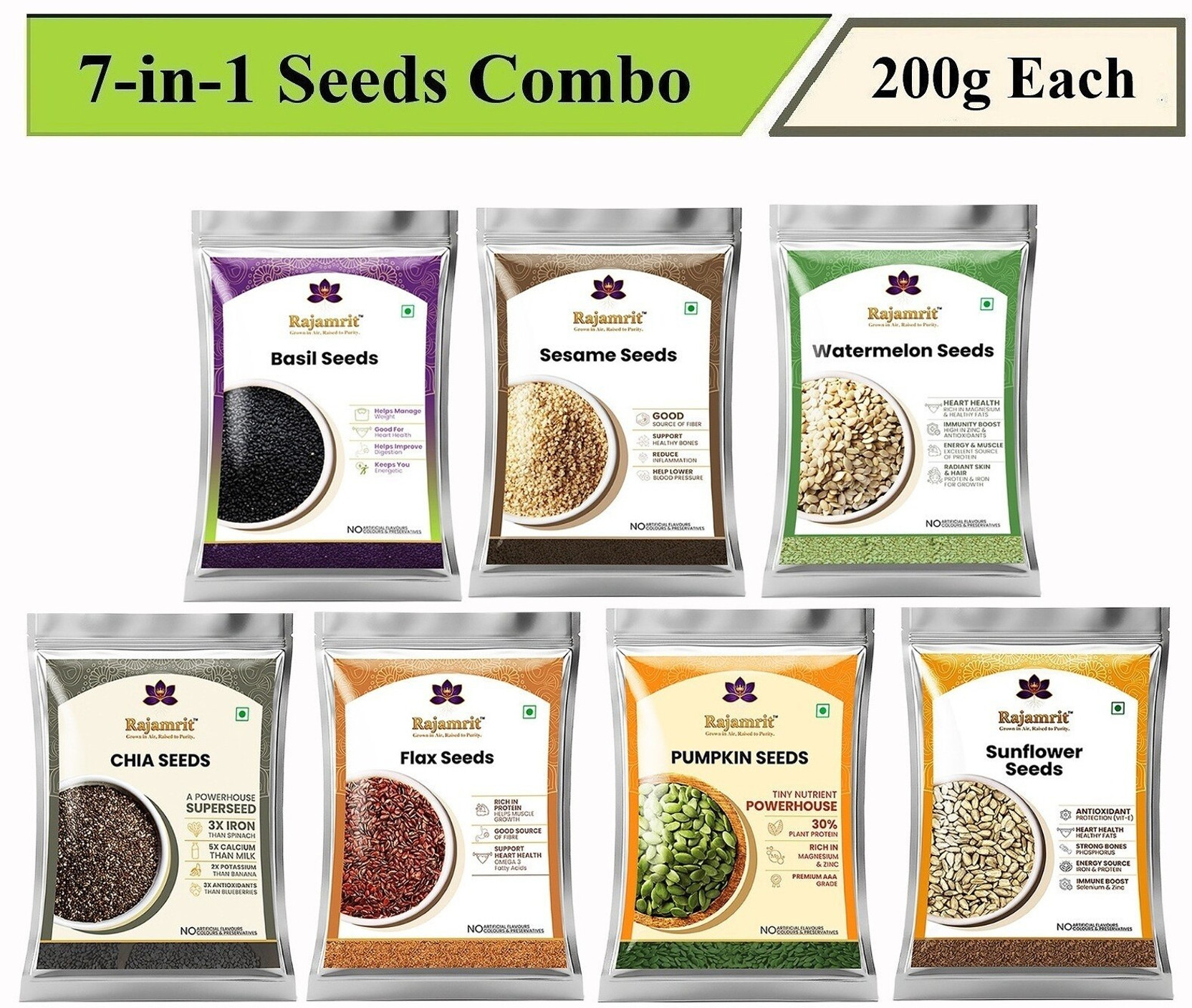 Rajamrit 7 Seeds Mix Superfood Combo Pack for Immunity | High Dietary Fiber & Protein Grey Chia Seeds, Pumpkin Seeds, Sunflower Seeds, Golden Flax Seeds, White Sesame Seeds, Sweet Basil Seeds, Waterme