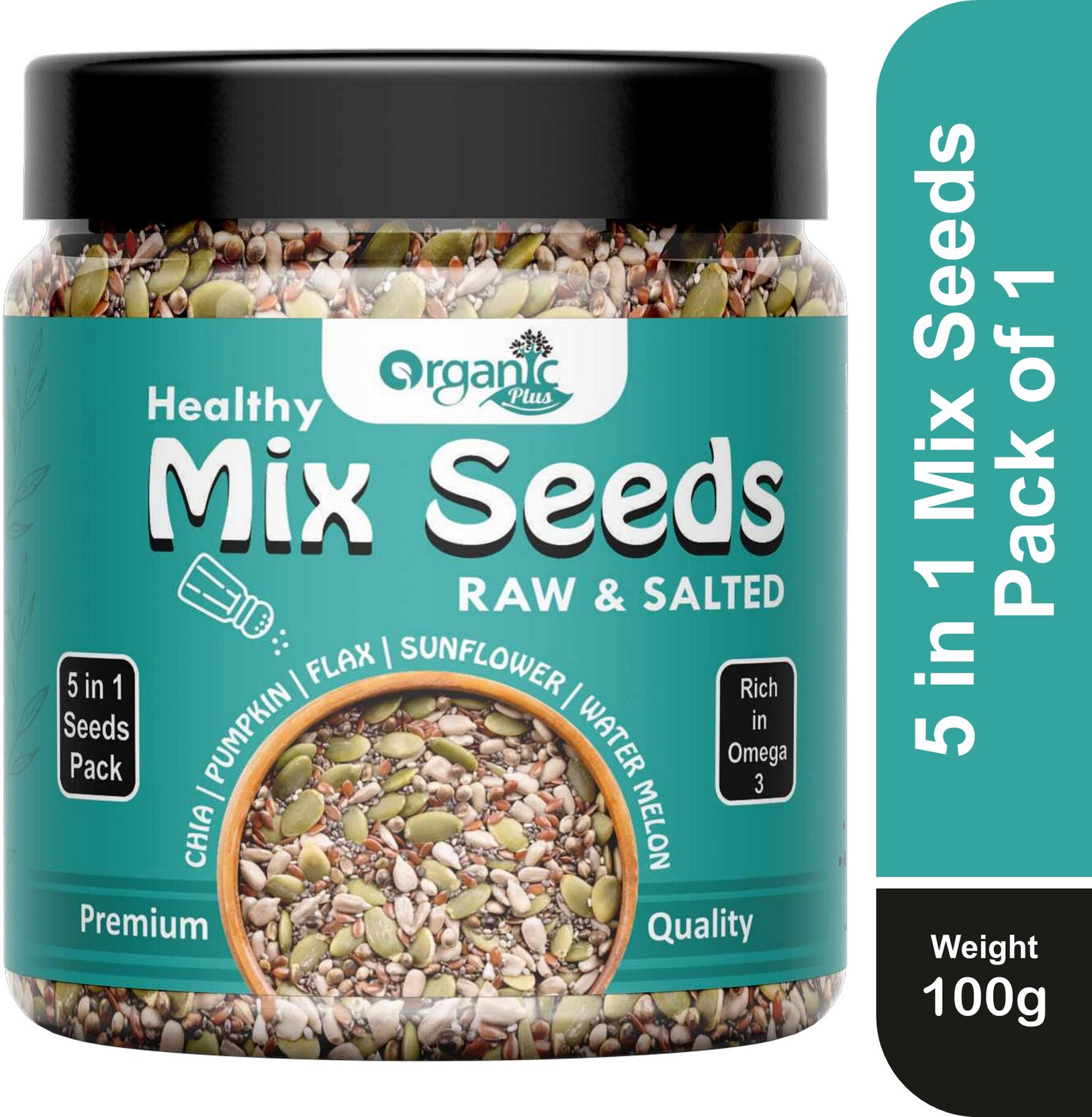 Organic Plus Salted Mix Seed Chia Flax Pumpkin Sunflower Watermelon Seeds 5 in 1 Mixed-JAR Assorted Seeds & Nuts