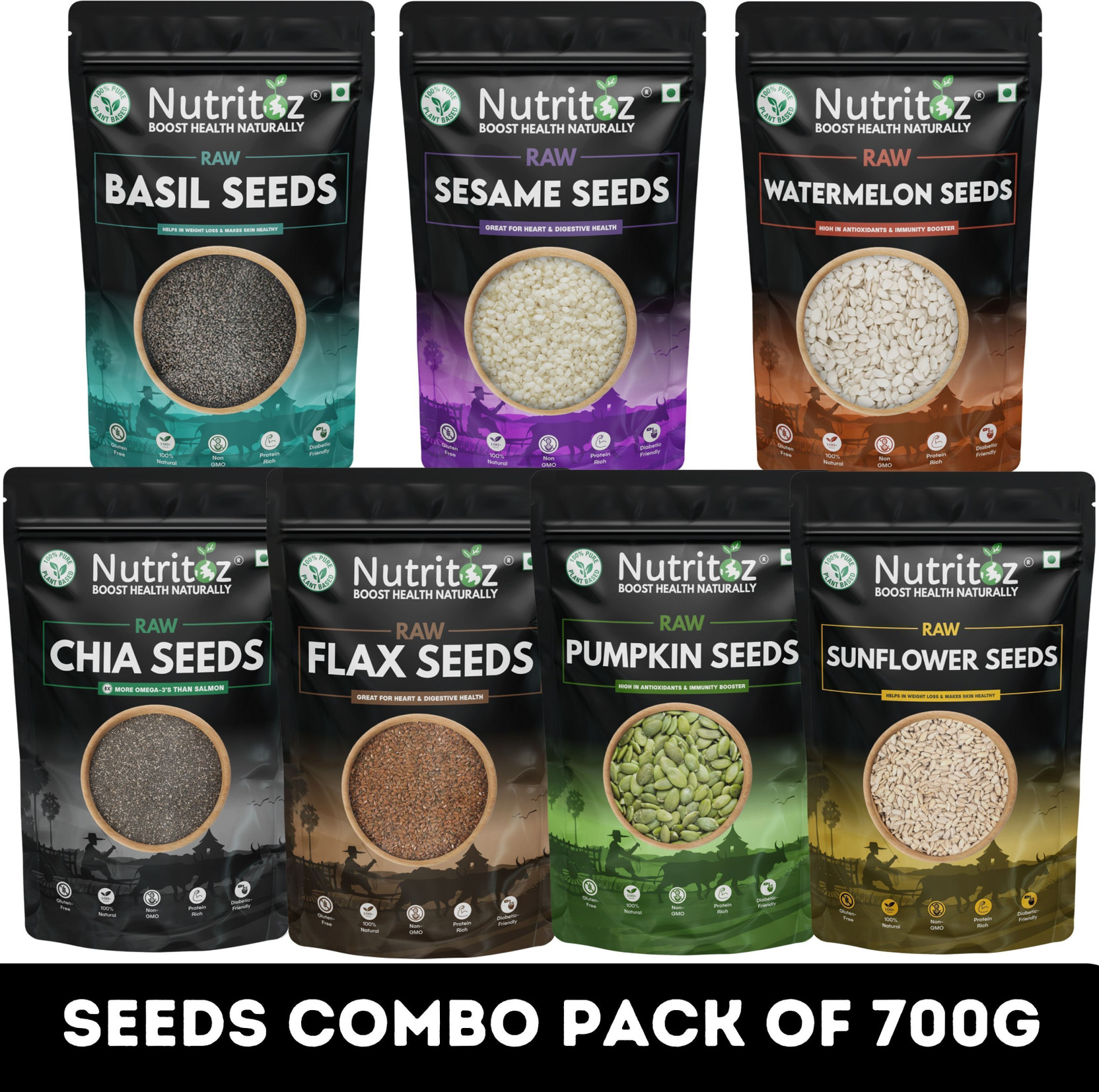 Nutritoz Raw Mix Super Seeds Combo Pack Of 7 for Weight Loss with Omega 3 (100G EACH) | Chia Seeds, Brown Flax Seeds, Pumpkin Seeds, Sunflower Seeds, Basil Seeds, Sesame Seeds, Watermelon Seeds