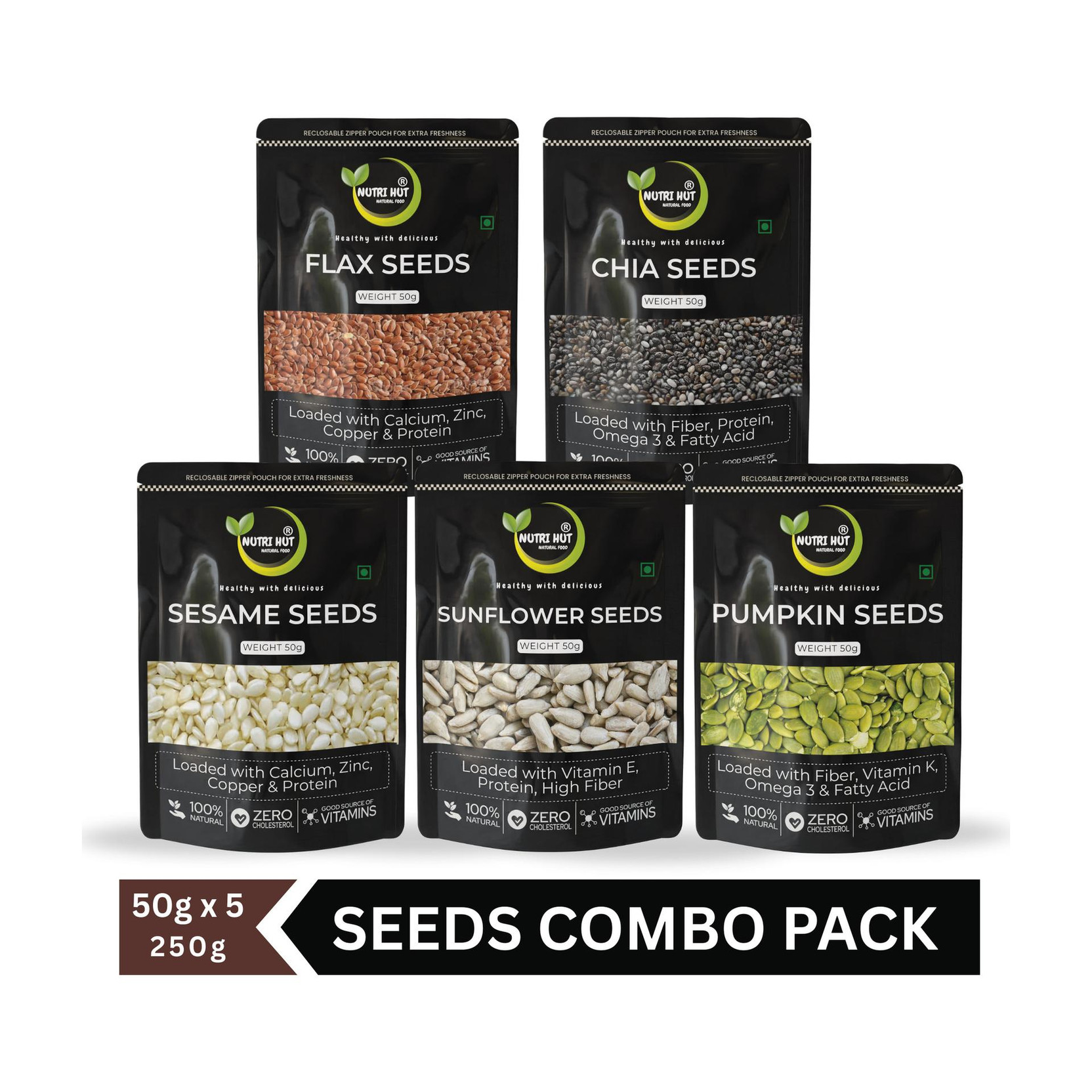 Nutri Hut 5-in-1 Super Seeds Combo | Protein & Fiber Rich Superfood Mix Chia Seeds, Pumpkin Seeds, Sunflower Seeds, Golden Flax Seeds, Sesame Seeds