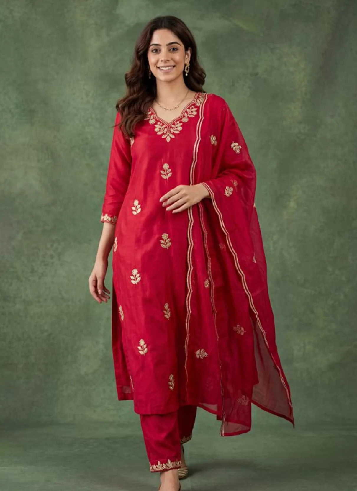 Embroidered Kurta, Churidar & Dupatta Set