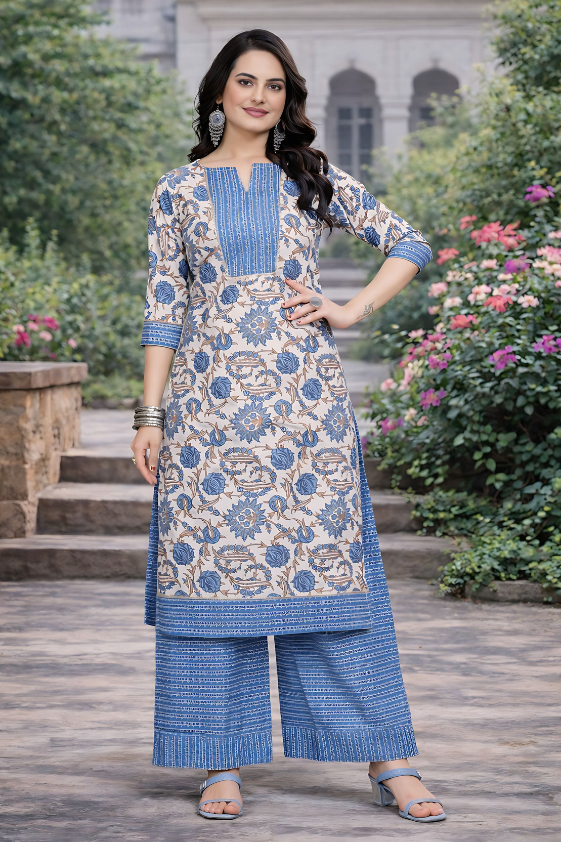Women Cotton Blend Kurta Palazzo Set