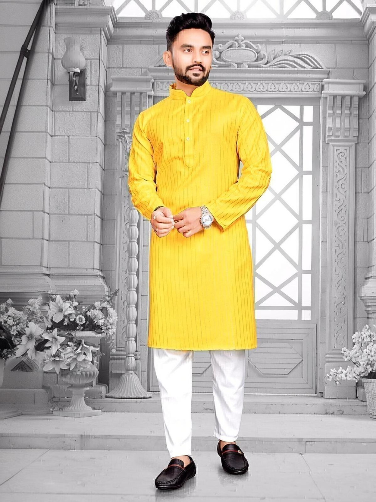 Men Cotton Blend Kurta Pyjama Set